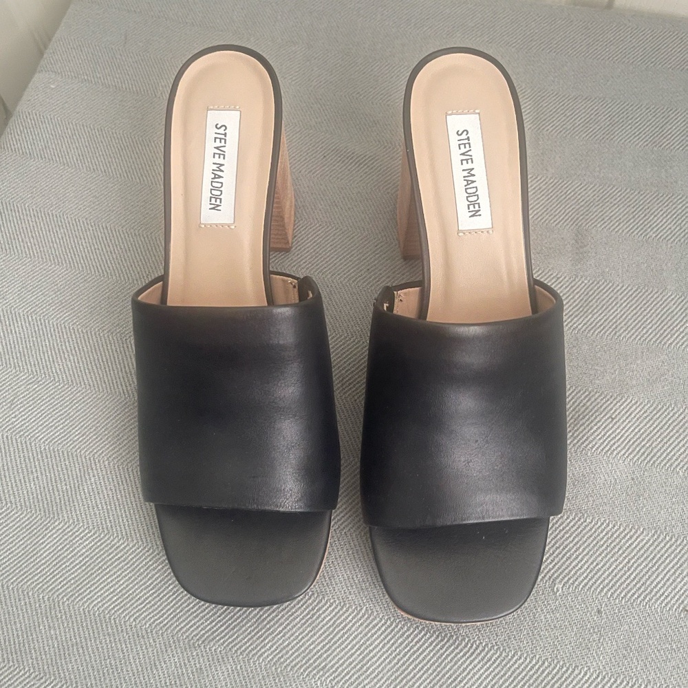 Steve Madden Elda women's black Leather block Heeled Sandals platform. /cod #H1